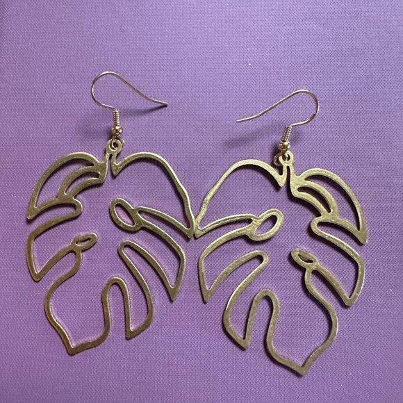 Tortoise Leaf Cutout Earrings Gold Plated French Hooks - Picture 1 of 10